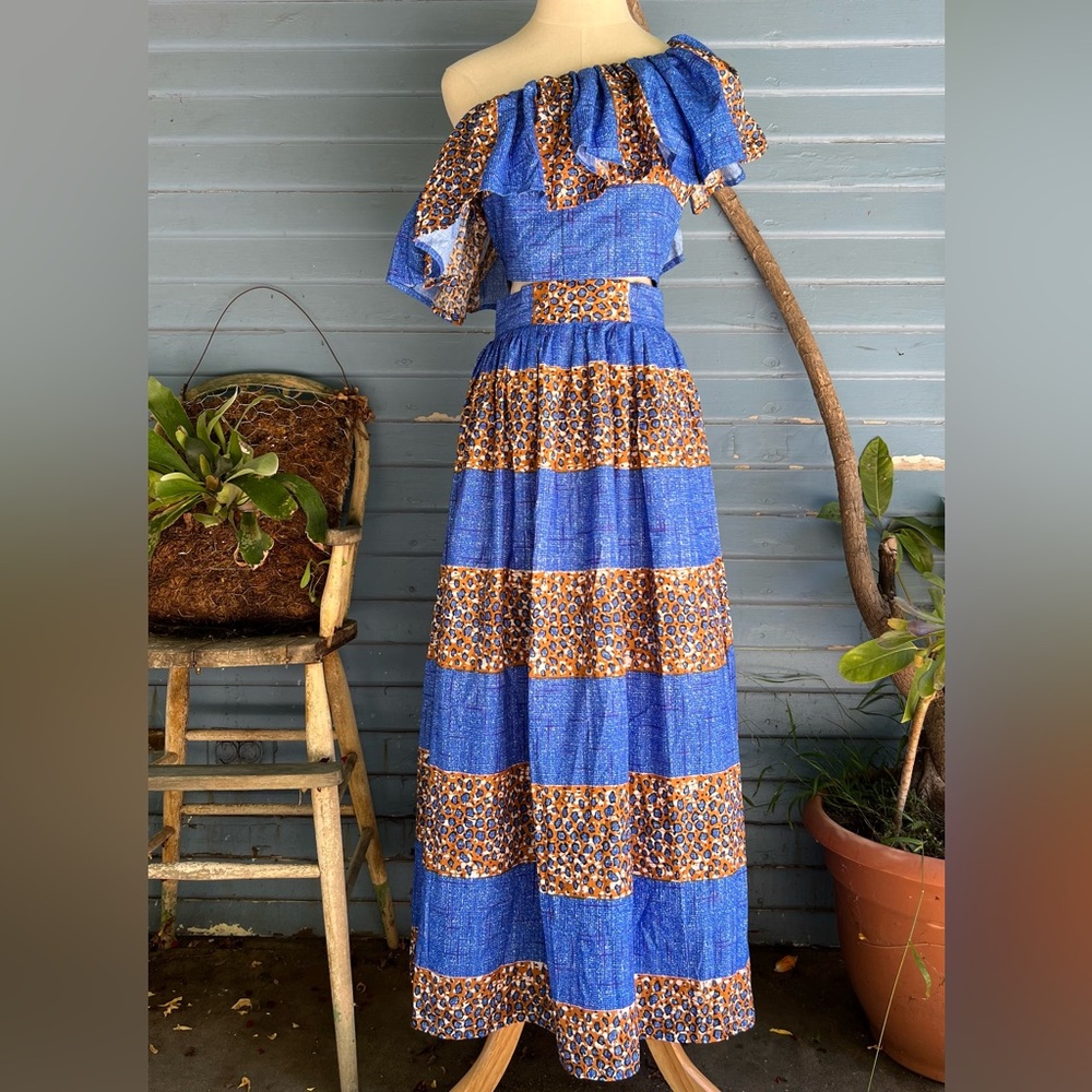 Handmade Blue and Orange Ankara Women's Top and Skirt Set